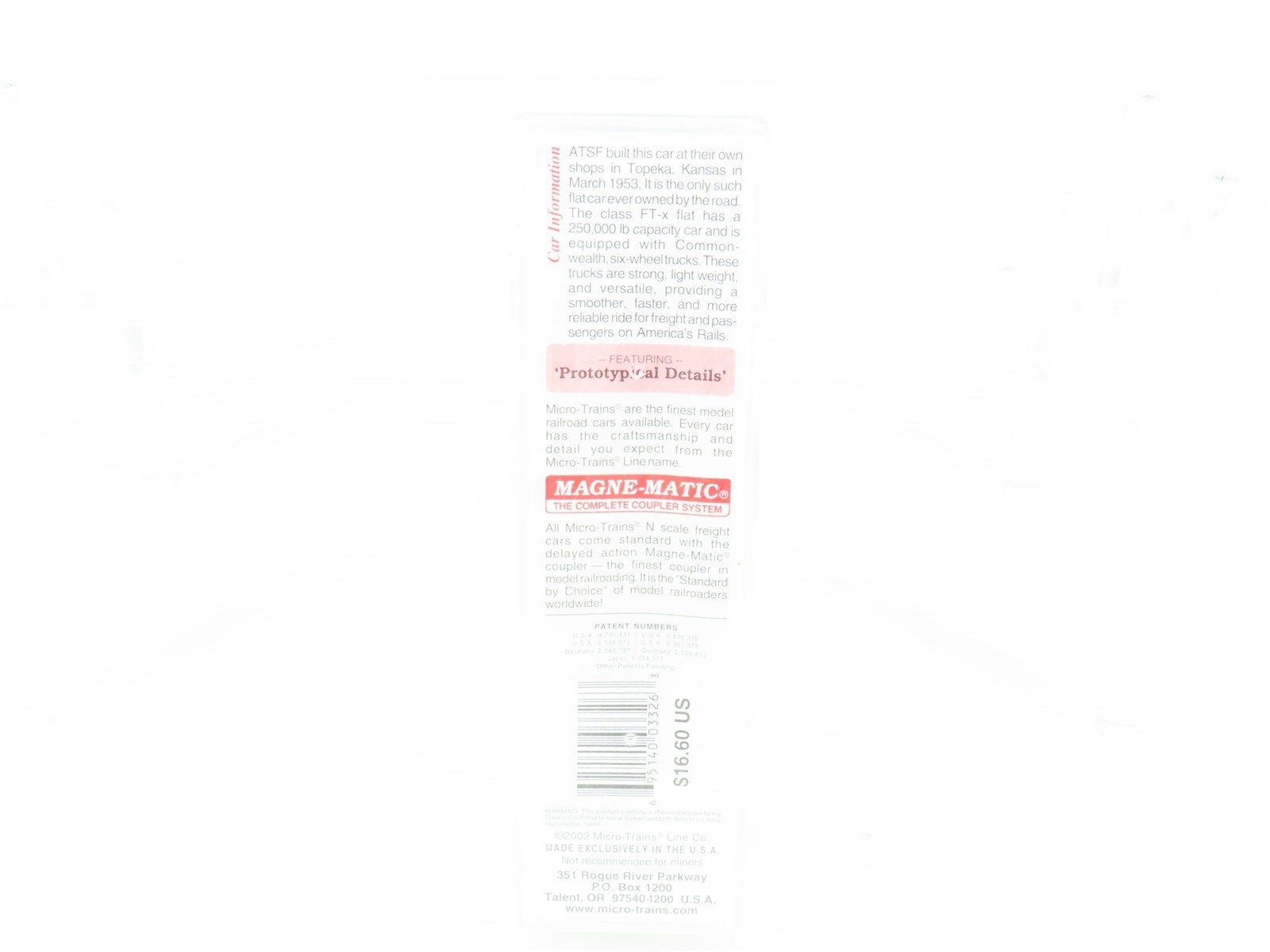 N Scale Micro-Trains MTL 109040 ATSF Santa Fe Depressed Center Flat Car #90000