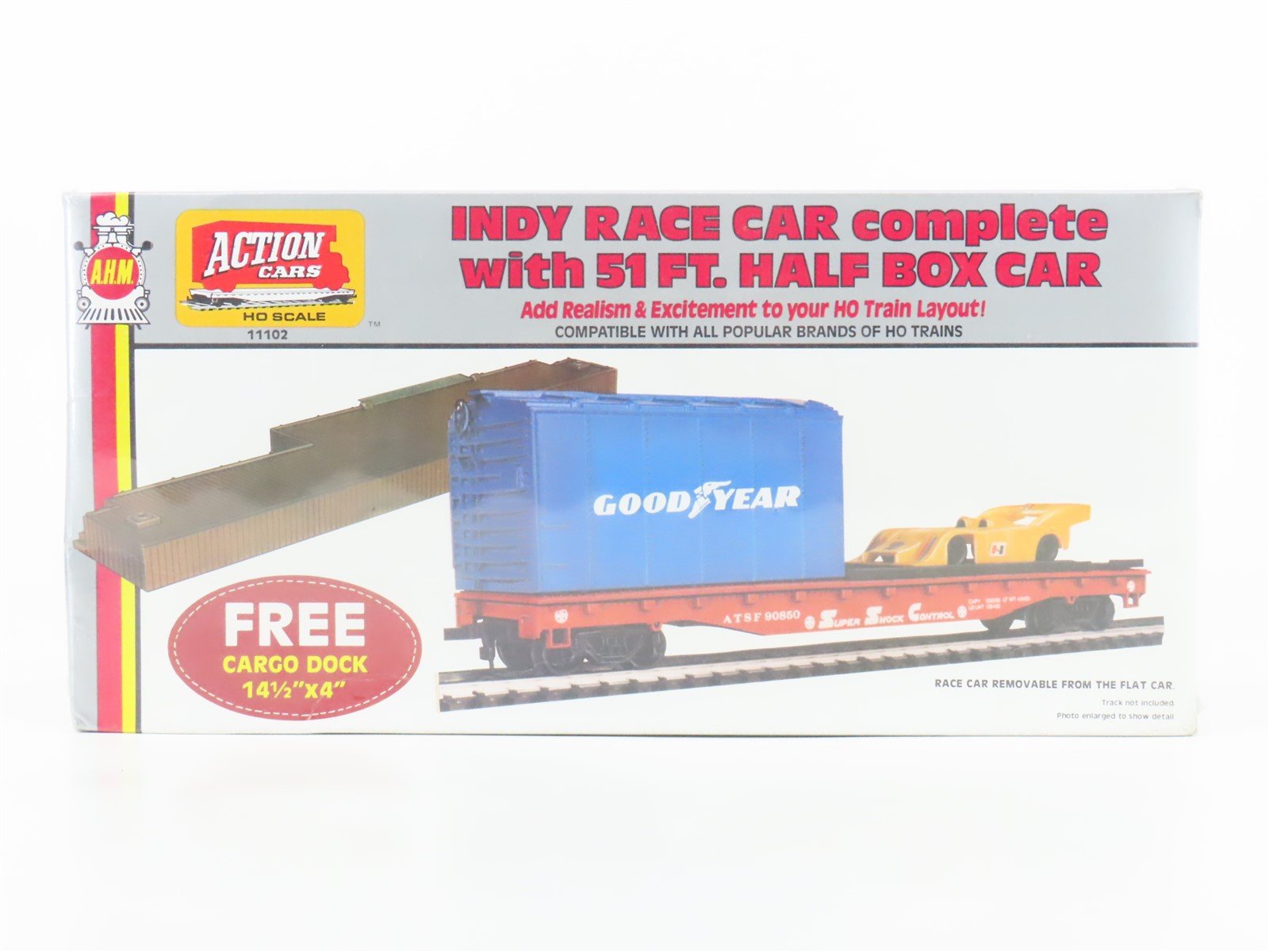 HO Scale AHM 11102 ATSF Santa Fe Flatcar & Half Boxcar #90850 w/Indy Car SEALED
