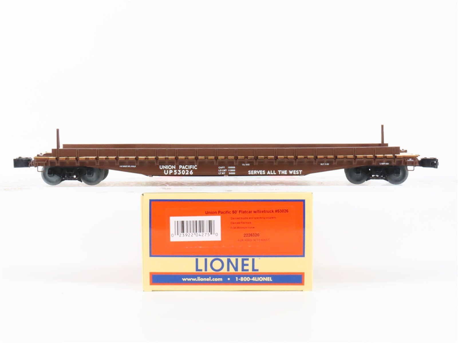O Gauge 3-Rail Lionel 2226320 UP Union Pacific 50' Flat Car #53026 w/ Fire Truck