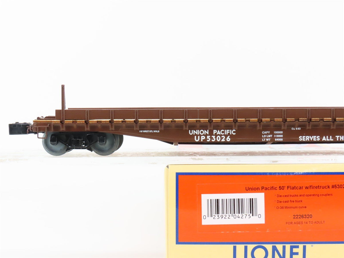O Gauge 3-Rail Lionel 2226320 UP Union Pacific 50&#39; Flat Car #53026 w/ Fire Truck