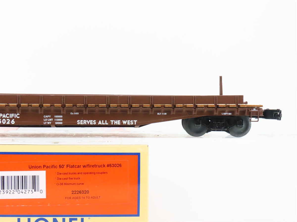 O Gauge 3-Rail Lionel 2226320 UP Union Pacific 50&#39; Flat Car #53026 w/ Fire Truck