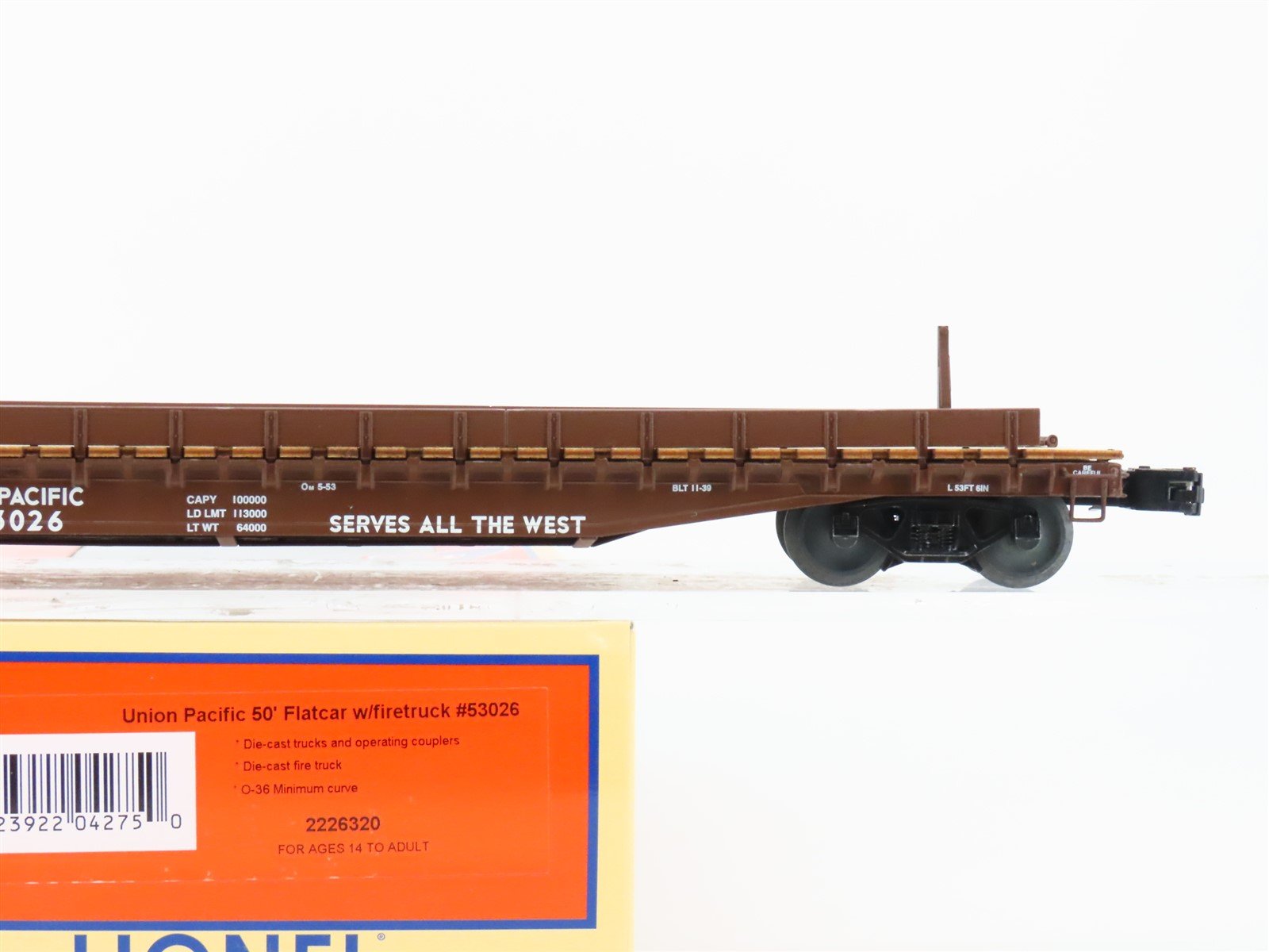 O Gauge 3-Rail Lionel 2226320 UP Union Pacific 50' Flat Car #53026 w/ Fire Truck