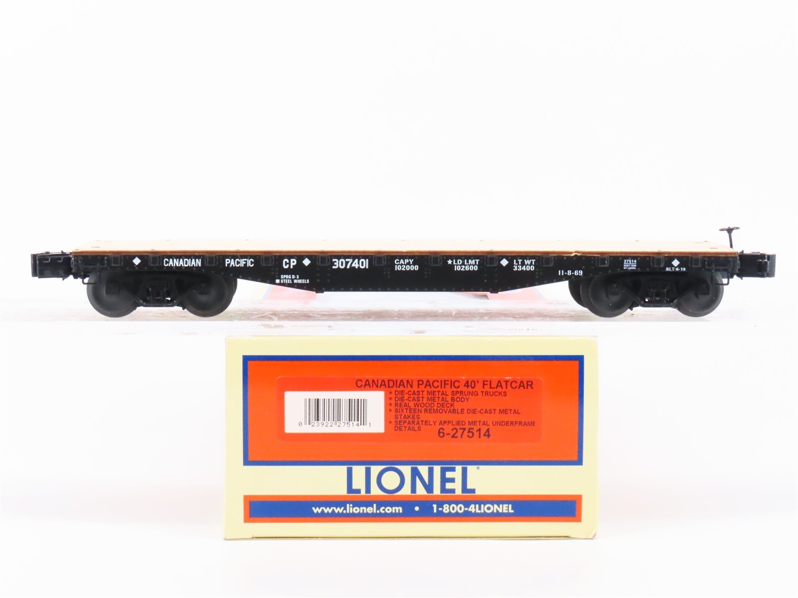 O Gauge 3-Rail Lionel 6-27514 CP Canadian Pacific 40' Flat Car #307401