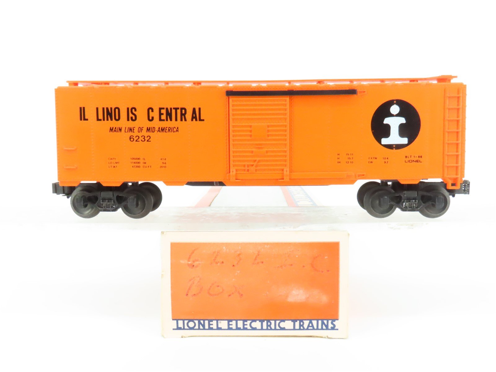 O Gauge 3-Rail Lionel IC Illinois Central Railroad Single Door Box Car #6232