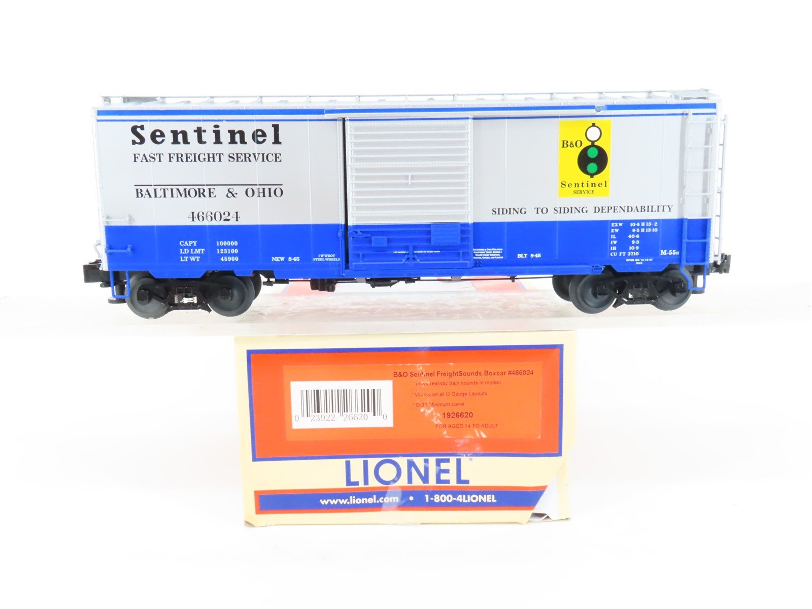 O Gauge 3-Rail Lionel 1926620 B&O Sentinel Box Car #466024 w/ Freight Sounds