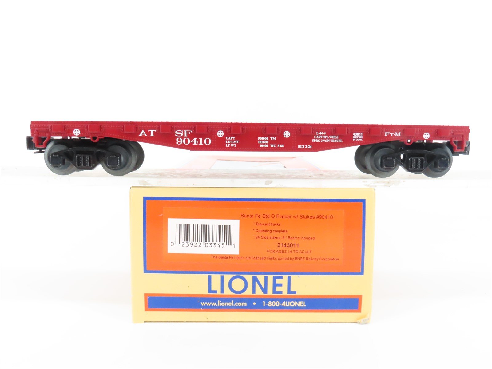 O Gauge 3-Rail Lionel 2143011 ATSF Santa Fe Flat Car #90410 w/ Stakes & Beams