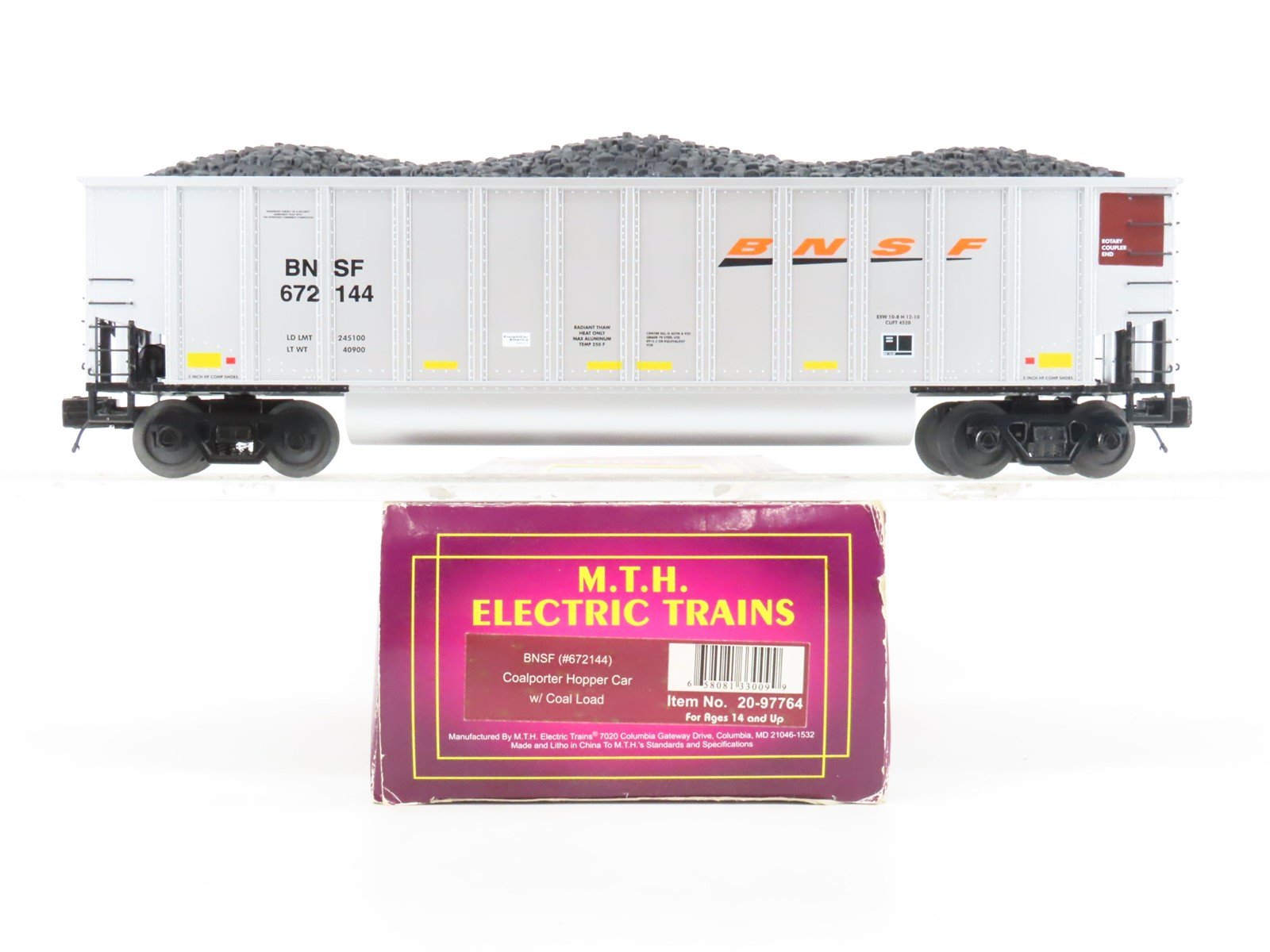 O Gauge 3-Rail MTH 20-97764 BNSF Railway Coalporter Hopper #672144