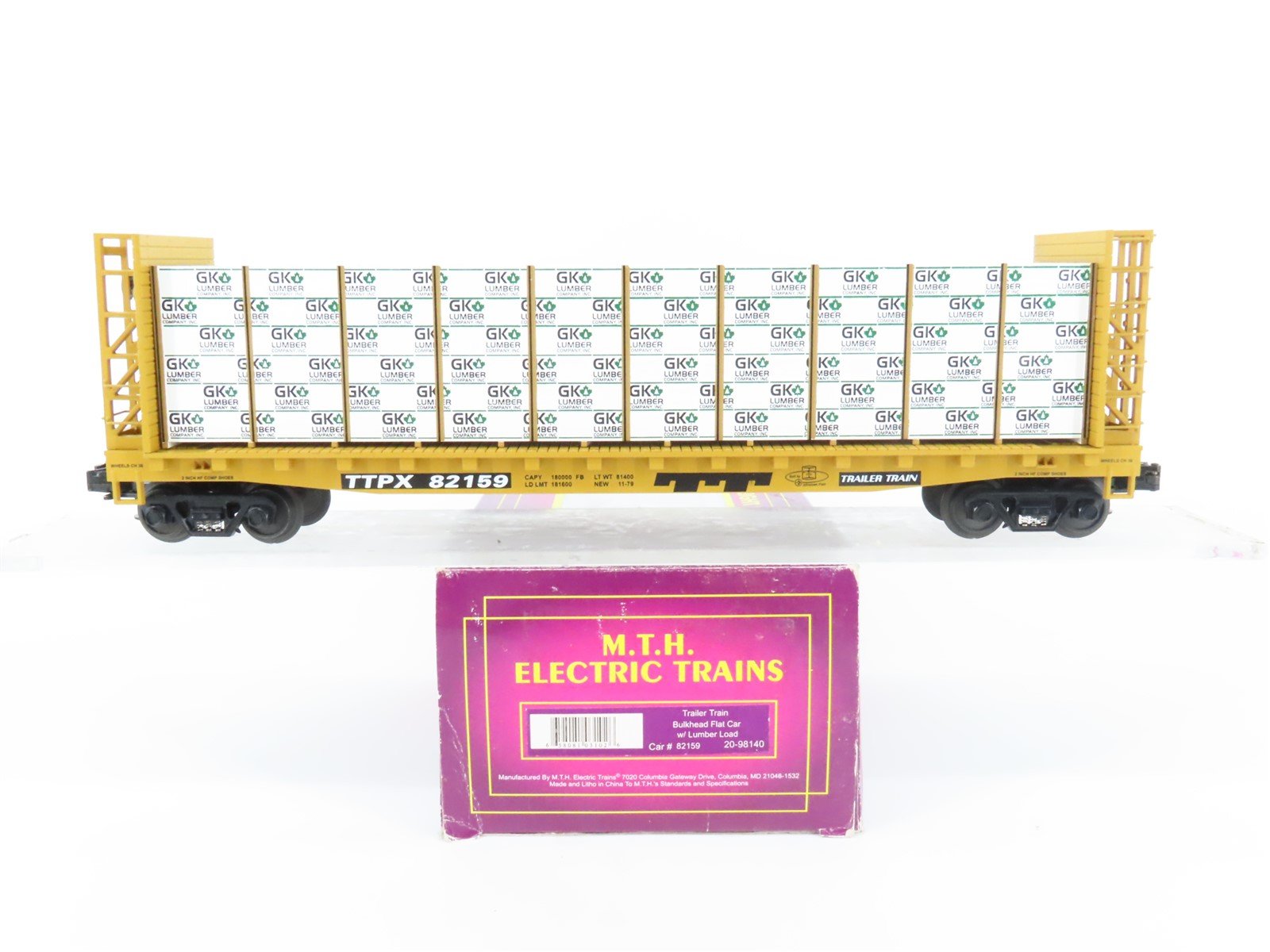 O Gauge 3-Rail MTH 20-98140 TTPX Trailer Train Bulkhead Flat Car #82159 w/ Load