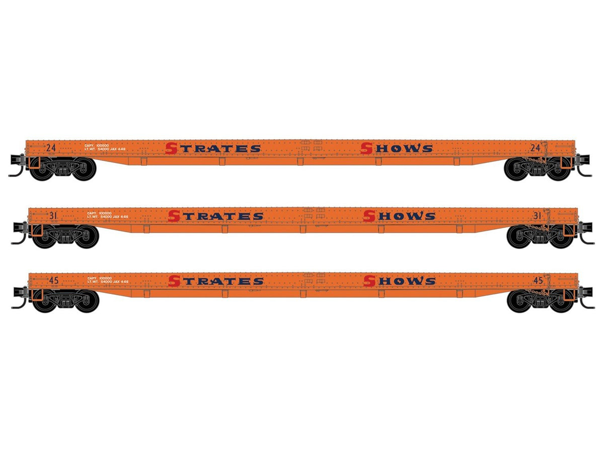 N Micro-Trains MTL 98302269 Strates Shows 70&#39; Warren Circus Flat Cars 3-Pack