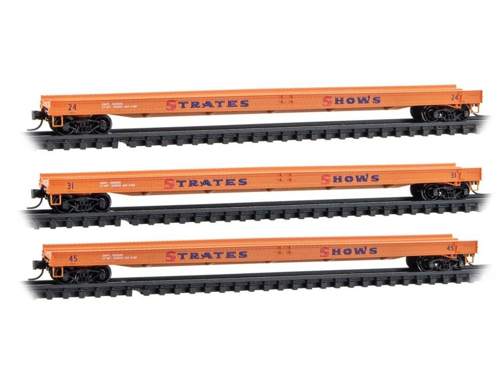 N Micro-Trains MTL 98302269 Strates Shows 70&#39; Warren Circus Flat Cars 3-Pack