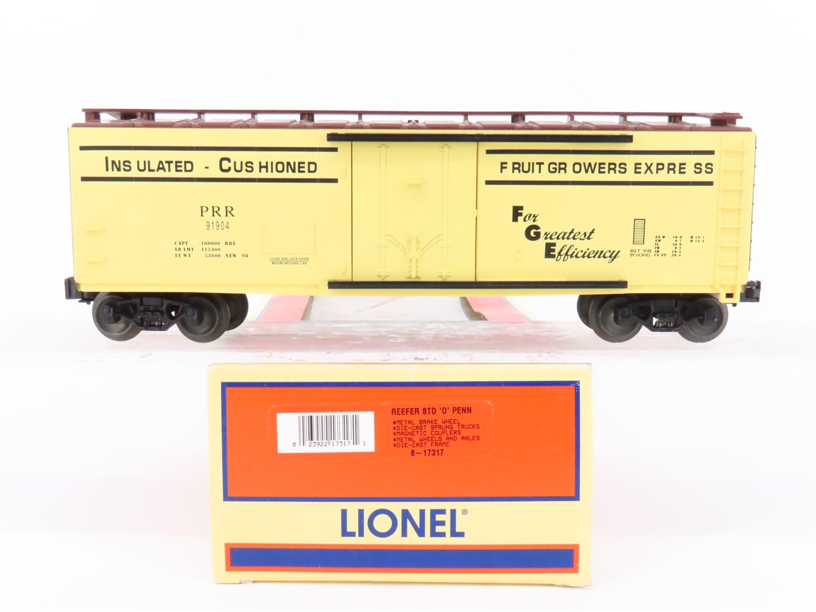 O Gauge 3-Rail Lionel 6-17317 PRR Fruit Growers Express Reefer #91904