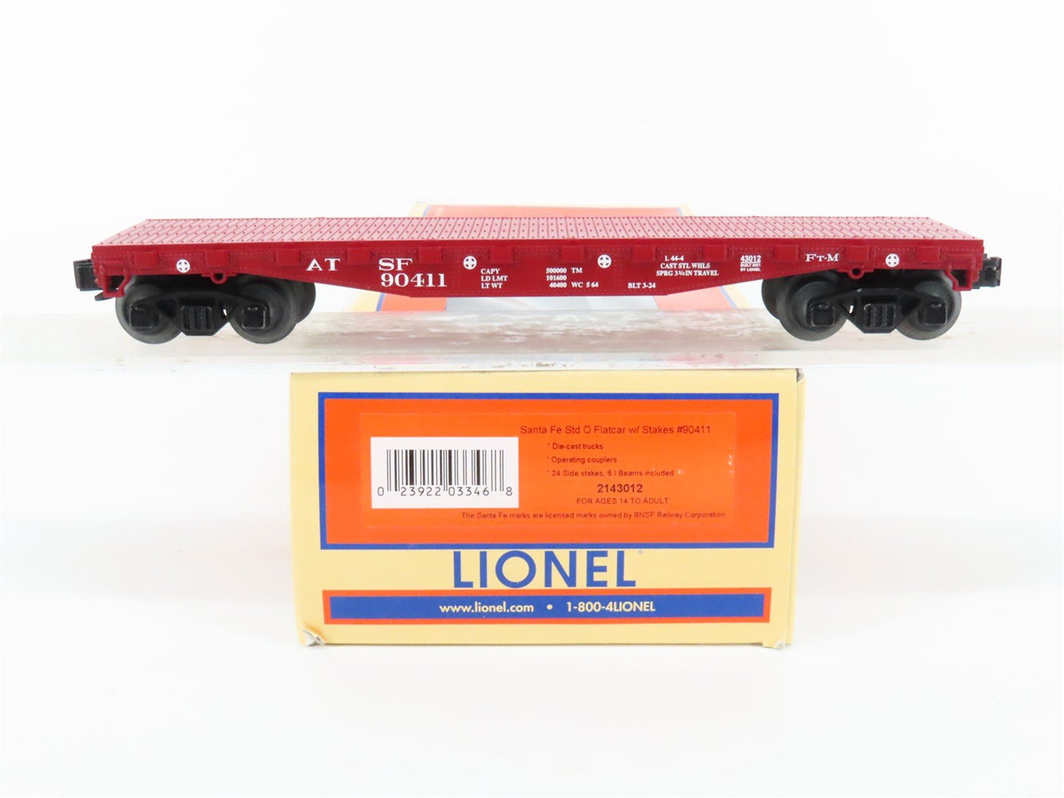 O Gauge 3-Rail Lionel 2143012 ATSF Santa Fe Flat Car w/ Stakes &amp; I Beams #90411