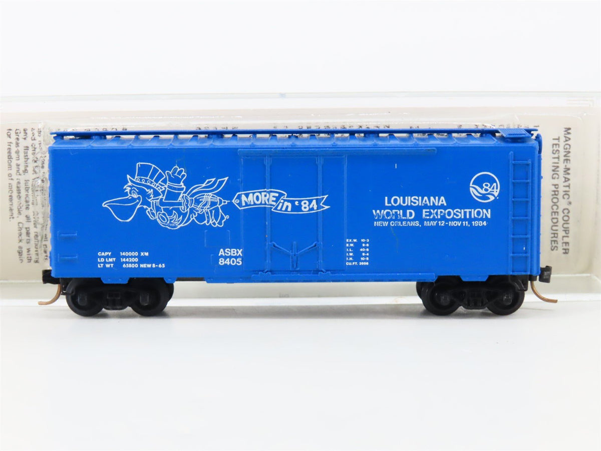 N Scale Kadee Micro-Trains MTL AkSarBen ASBX More In &#39;84 World Expo Boxcar 8405