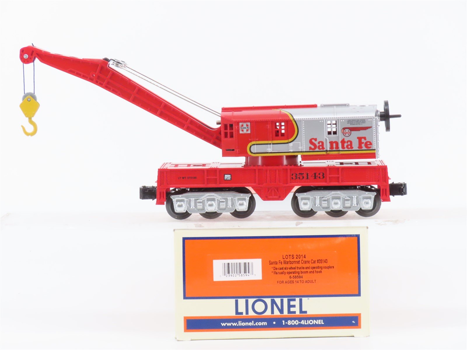 O Gauge 3-Rail Lionel 6-58594 ATSF Santa Fe "Warbonnet" Crane Car #35143