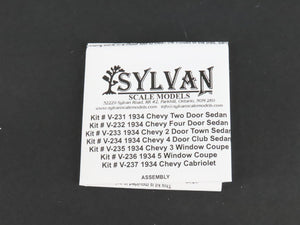 HO 1/87 Scale Sylvan Scale Models Kit V-234 Auto 1934 Chevy 4-Door Club Sedan