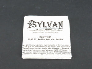 HO 1/87 Scale Sylvan Scale Models Kit T-001 1935 22' Trailmobile Van Trailer