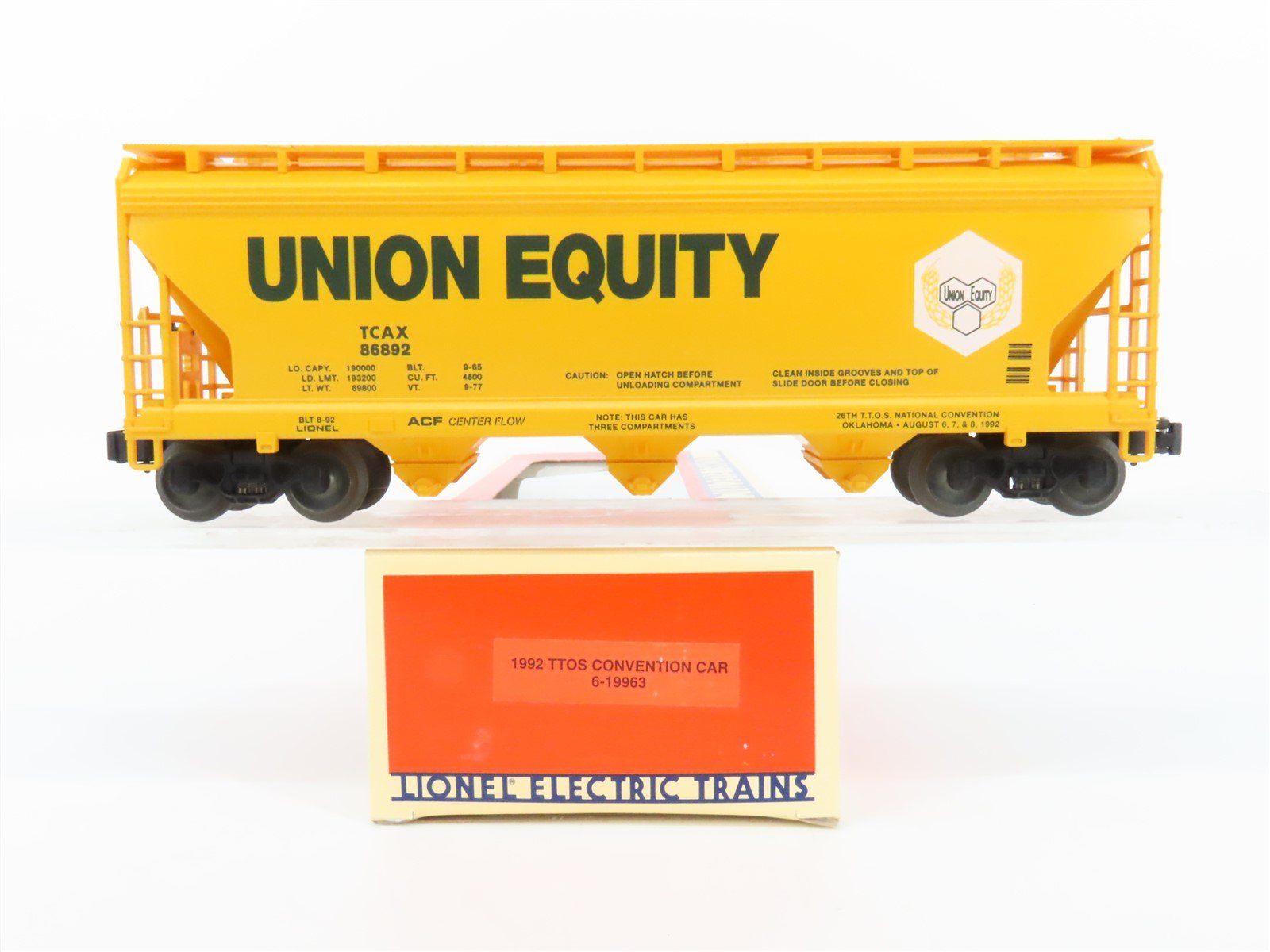 O Gauge 3-Rail Lionel 6-19963 TTOS 1992 TCAX Union Equity 3 Bay Hopper 86892