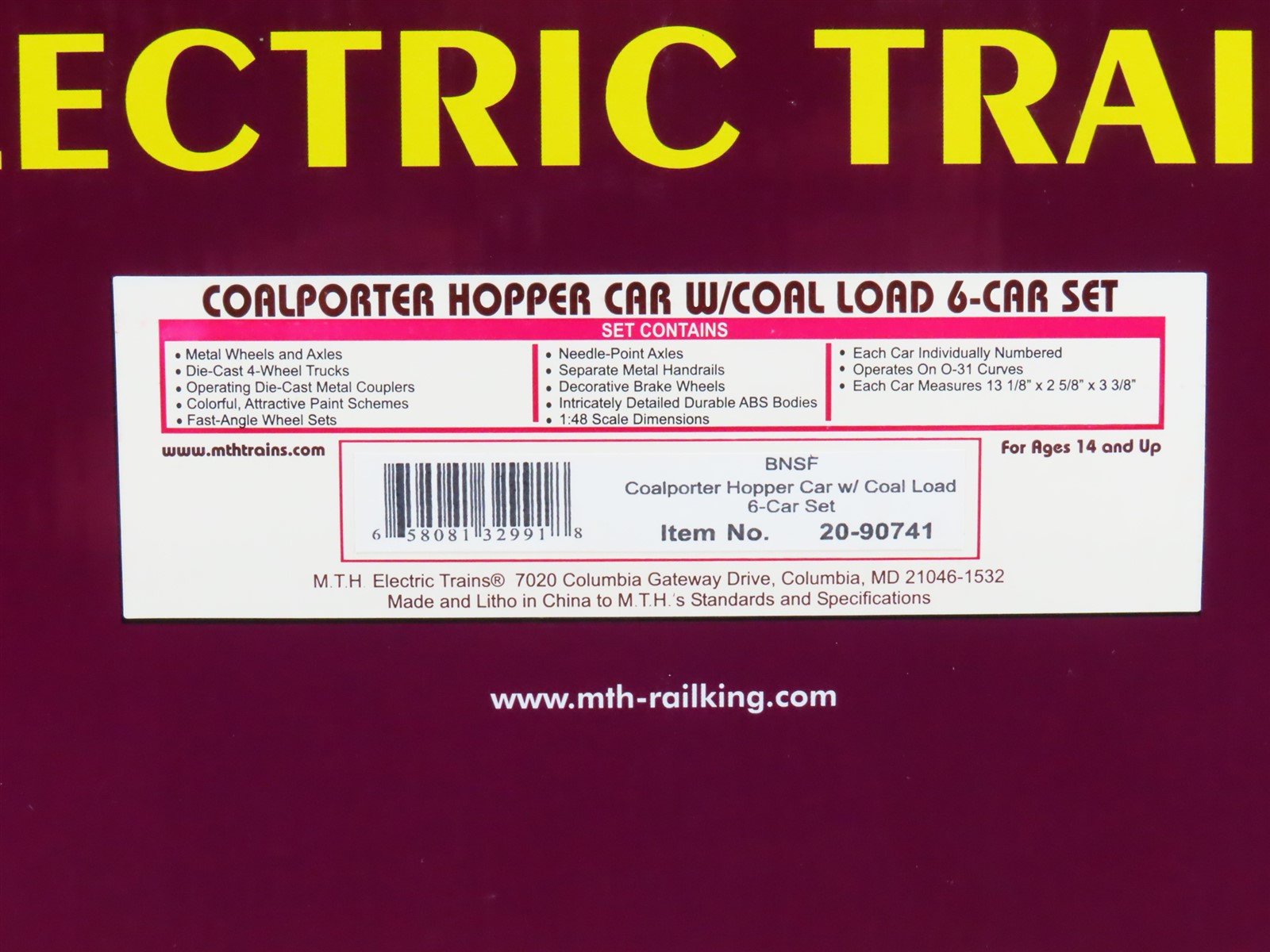 O Gauge 3-Rail MTH 20-90741 BNSF Railway Coalporter Hopper w/ Load 6-Car Set