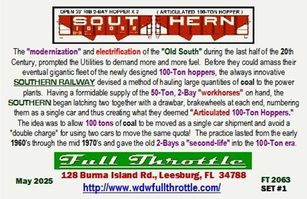 Z FULL THROTTLE FT2063 SOU Southern 2-Bay &quot;Articulated 100-Ton&quot; Hoppers Set #1