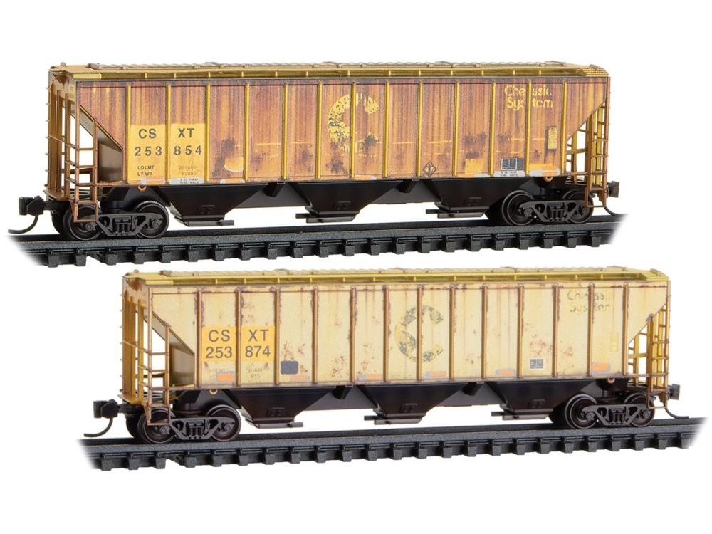 N Micro-Trains MTL 98305096 CSX/ex-Chessie 3-Bay Covered Hopper 2-Pack Weathered