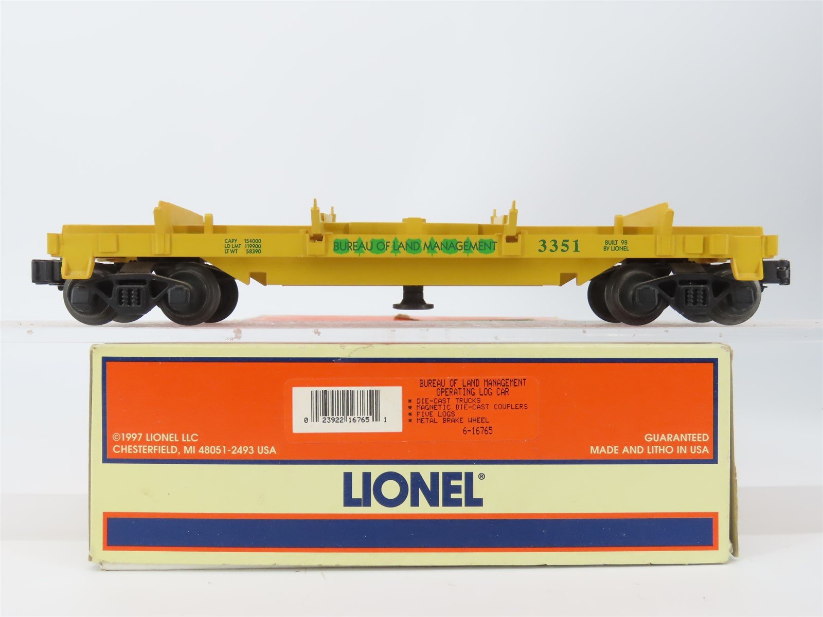 O Gauge 3-Rail Lionel 6-16765 Bureau of Land Management Operating Log Car 3351