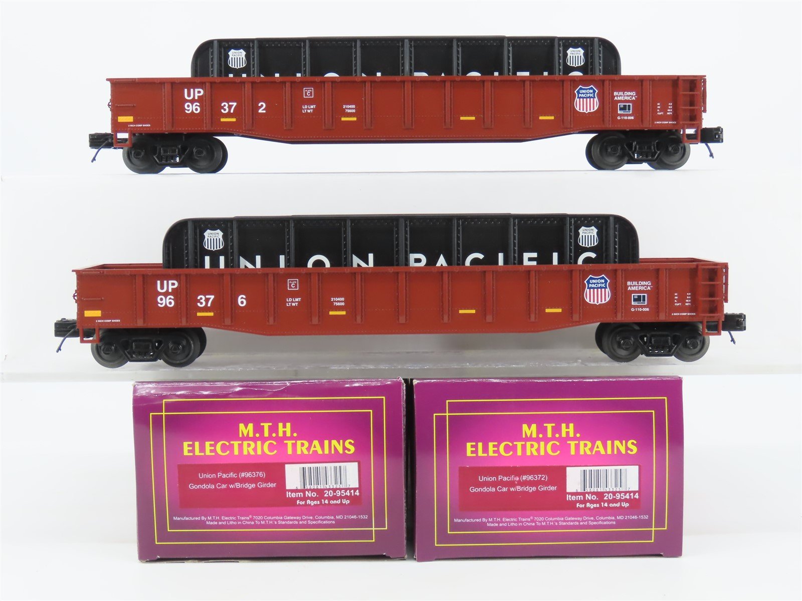 O Gauge 3-Rail MTH 20-95414 UP Union Pacific Gondola w/ Bridge Girder 2-Pack