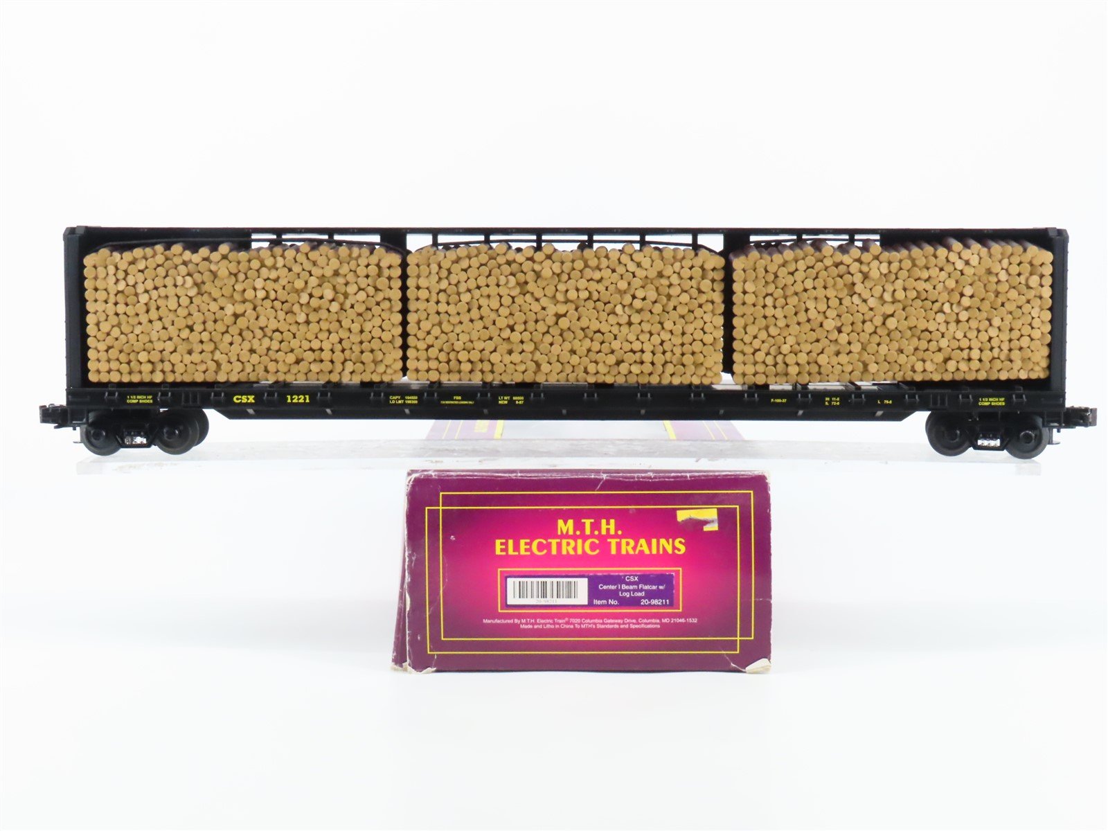 O Gauge 3-Rail MTH 20-98211 CSX Center Beam Flat Car w/ Log Load #1221