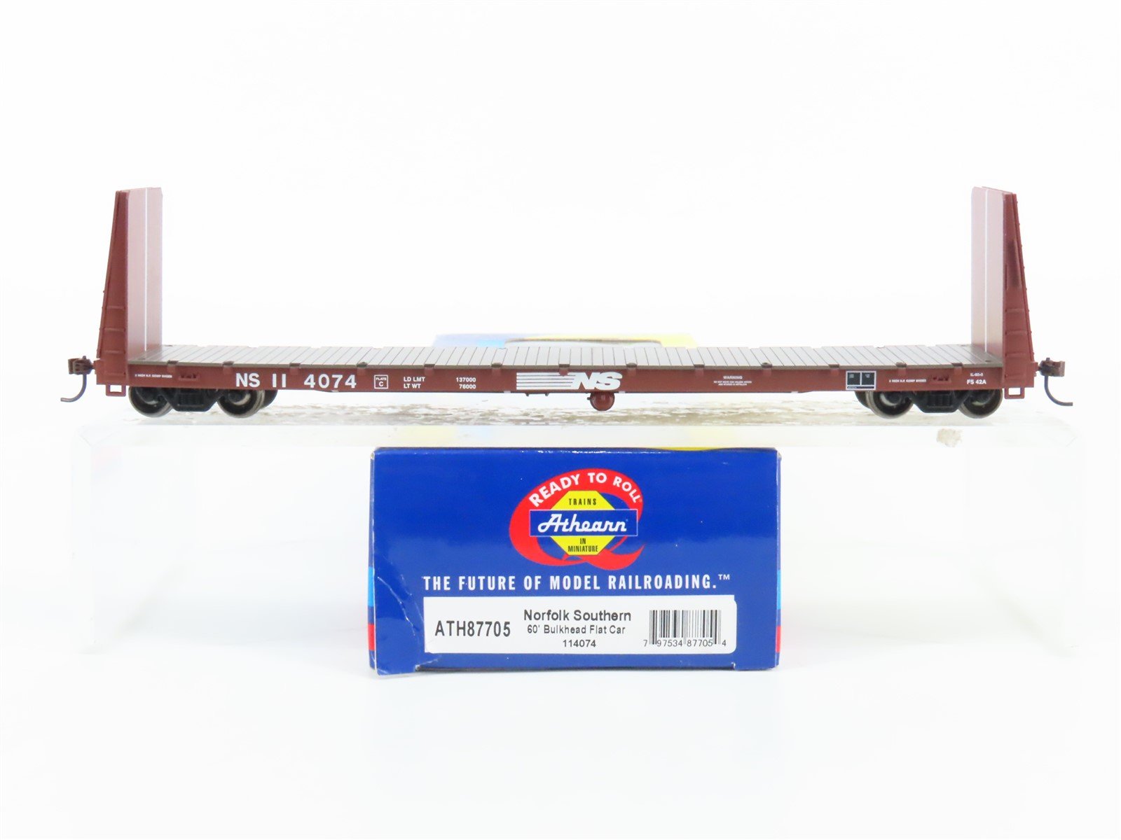 HO Scale Athearn ATH87705 NS Norfolk Southern 60' Bulkhead Flat Car #114074