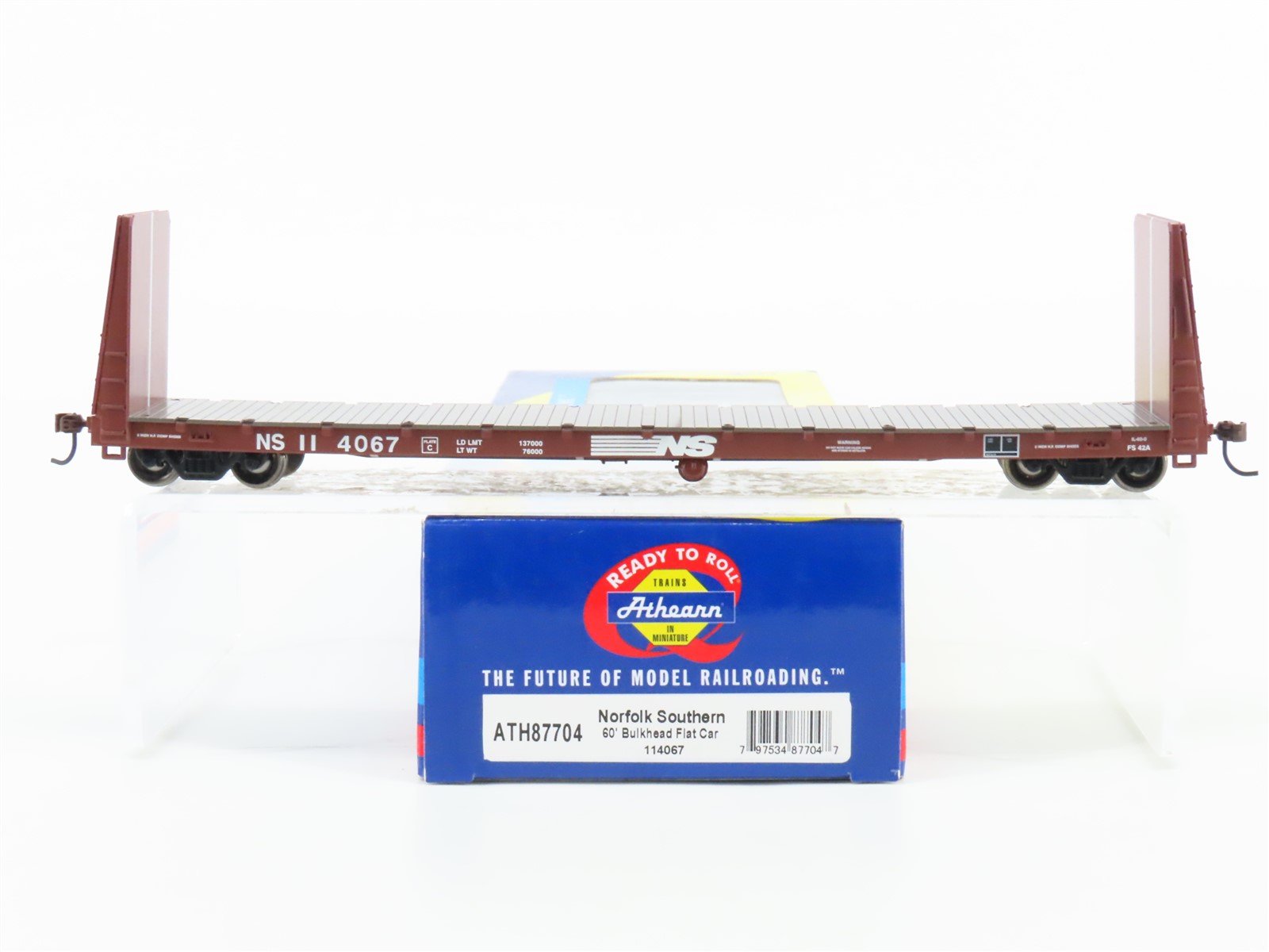 HO Scale Athearn ATH87704 NS Norfolk Southern 60' Bulkhead Flat Car #114067