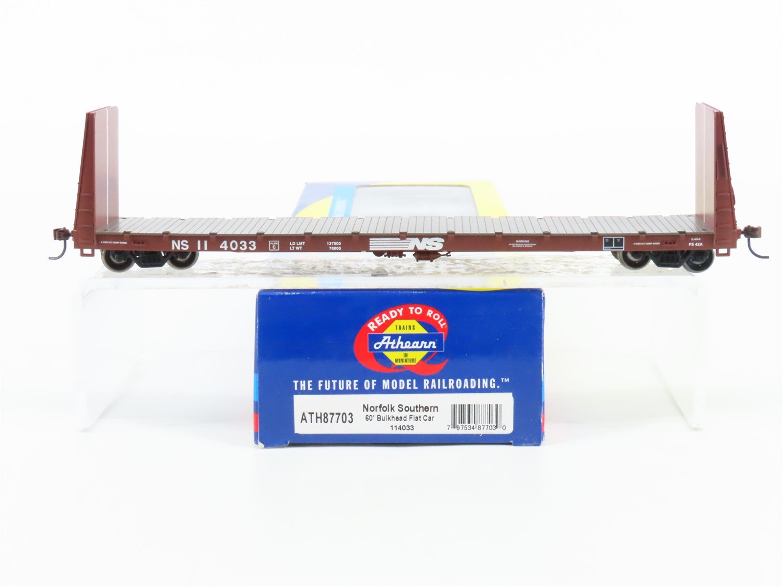 HO Scale Athearn ATH87703 NS Norfolk Southern 60' Bulkhead Flat Car #114033