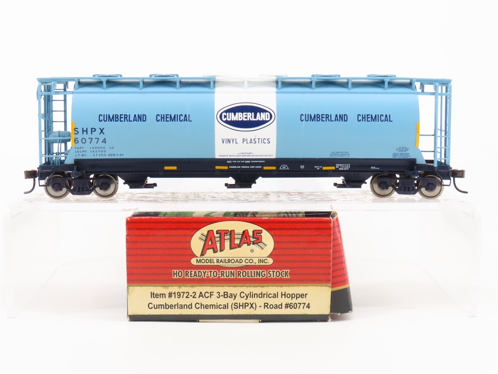 HO Atlas 1972-2 SHPX Cumberland Chemical ACF 3 Bay Cylindrical Hopper #60774