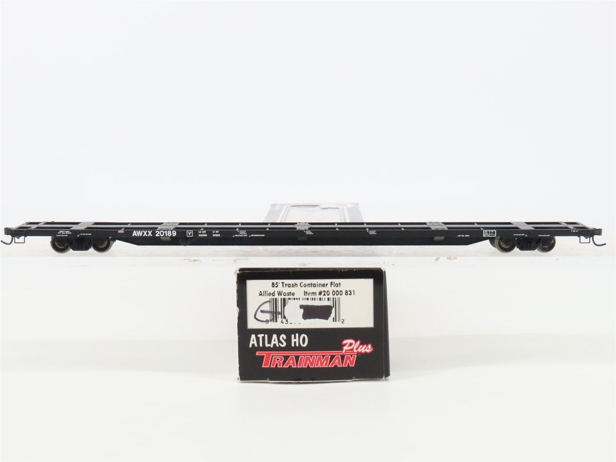 HO Atlas Trainman 20000831 AWXX Allied Waste 85&#39; Trash Container Flat Car #20189