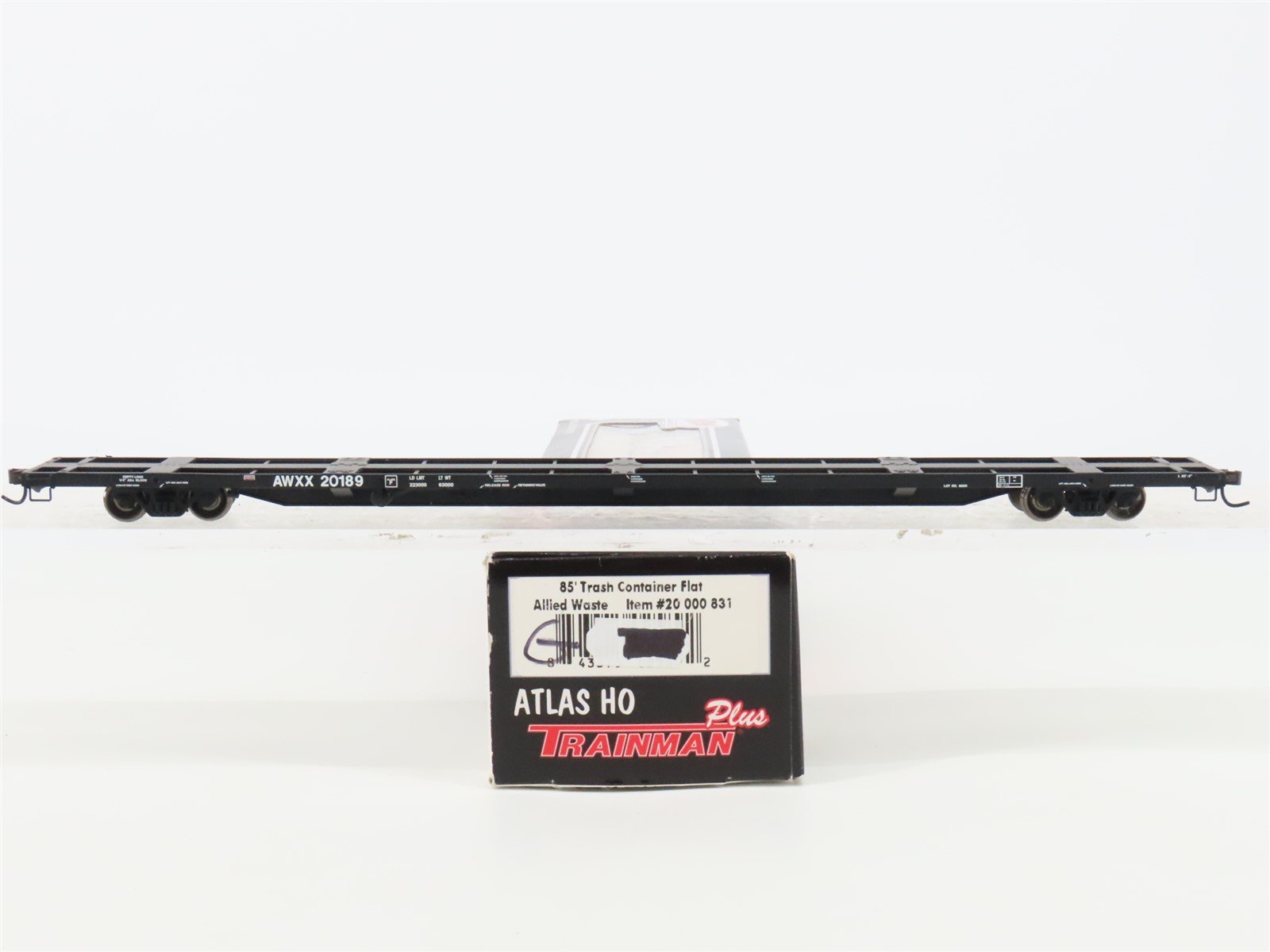 HO Atlas Trainman 20000831 AWXX Allied Waste 85' Trash Container Flat Car #20189