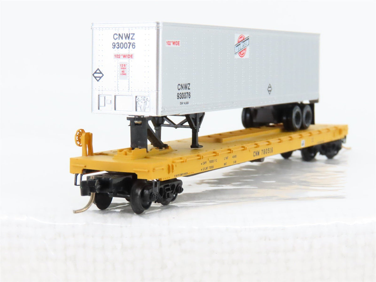 N Micro-Trains MTL 64024 CNW Railway 57&#39; Flatcar #780516 w45&#39; CNW Trailer