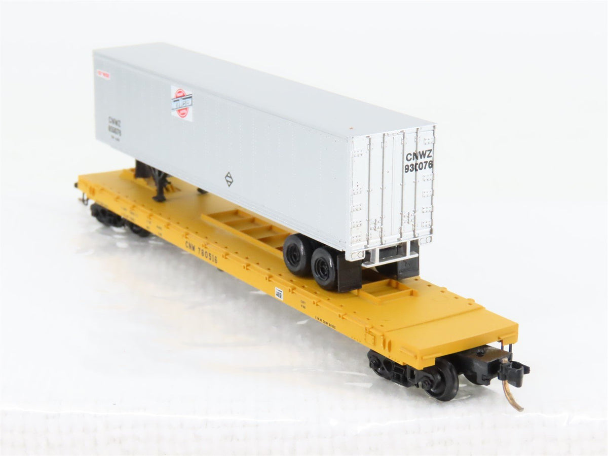N Micro-Trains MTL 64024 CNW Railway 57&#39; Flatcar #780516 w45&#39; CNW Trailer