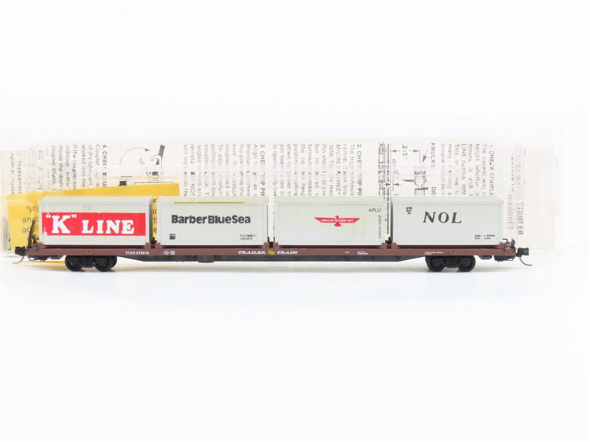 N Micro-Trains MTL 72020-4 TTAX 89&#39; Flatcar #972216 w/4 20&#39; Containers CUSTOM