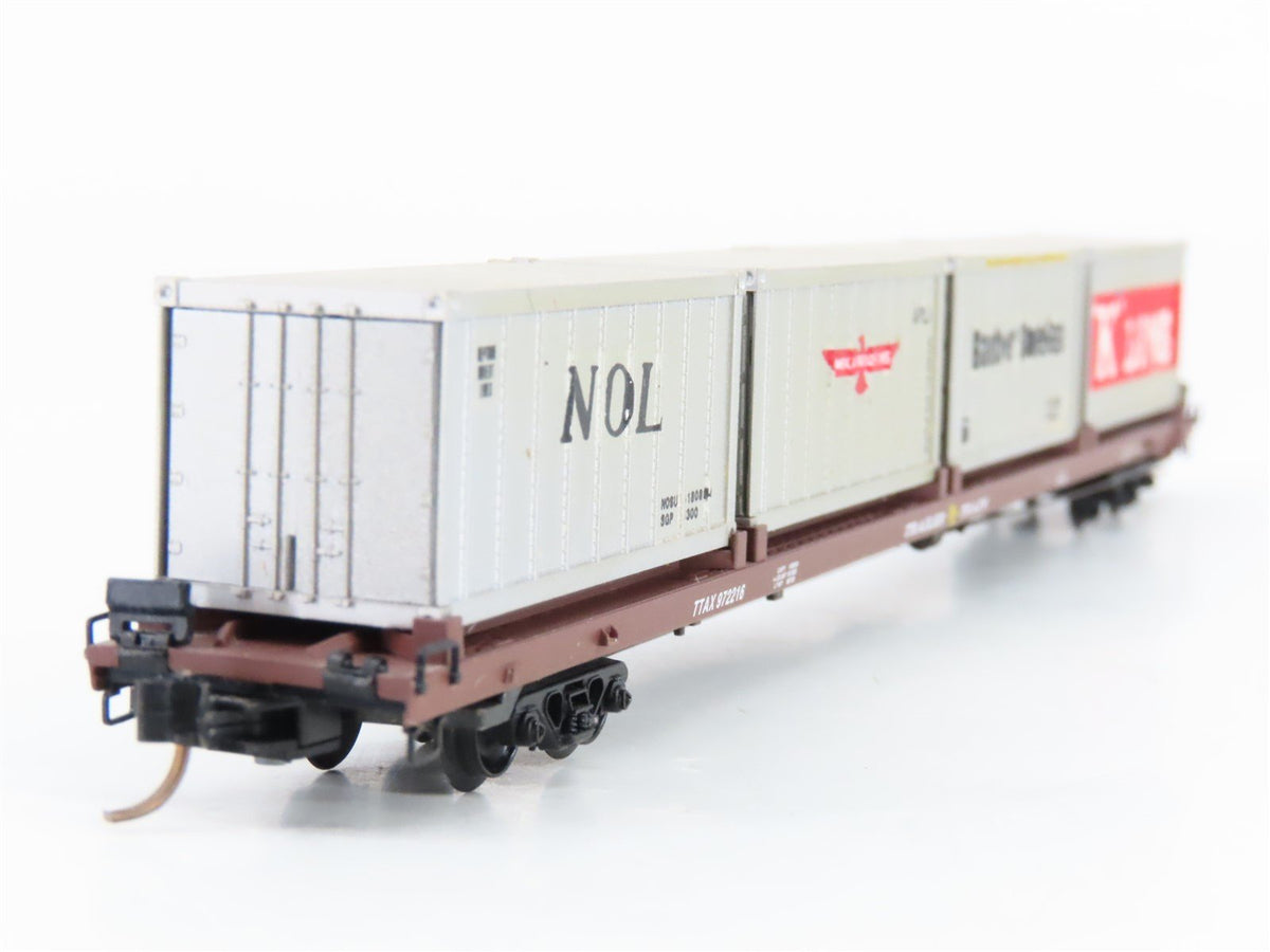 N Micro-Trains MTL 72020-4 TTAX 89&#39; Flatcar #972216 w/4 20&#39; Containers CUSTOM