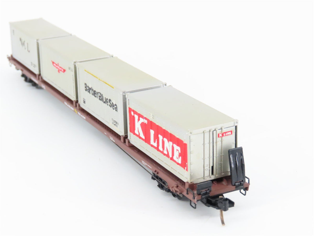 N Micro-Trains MTL 72020-4 TTAX 89&#39; Flatcar #972216 w/4 20&#39; Containers CUSTOM