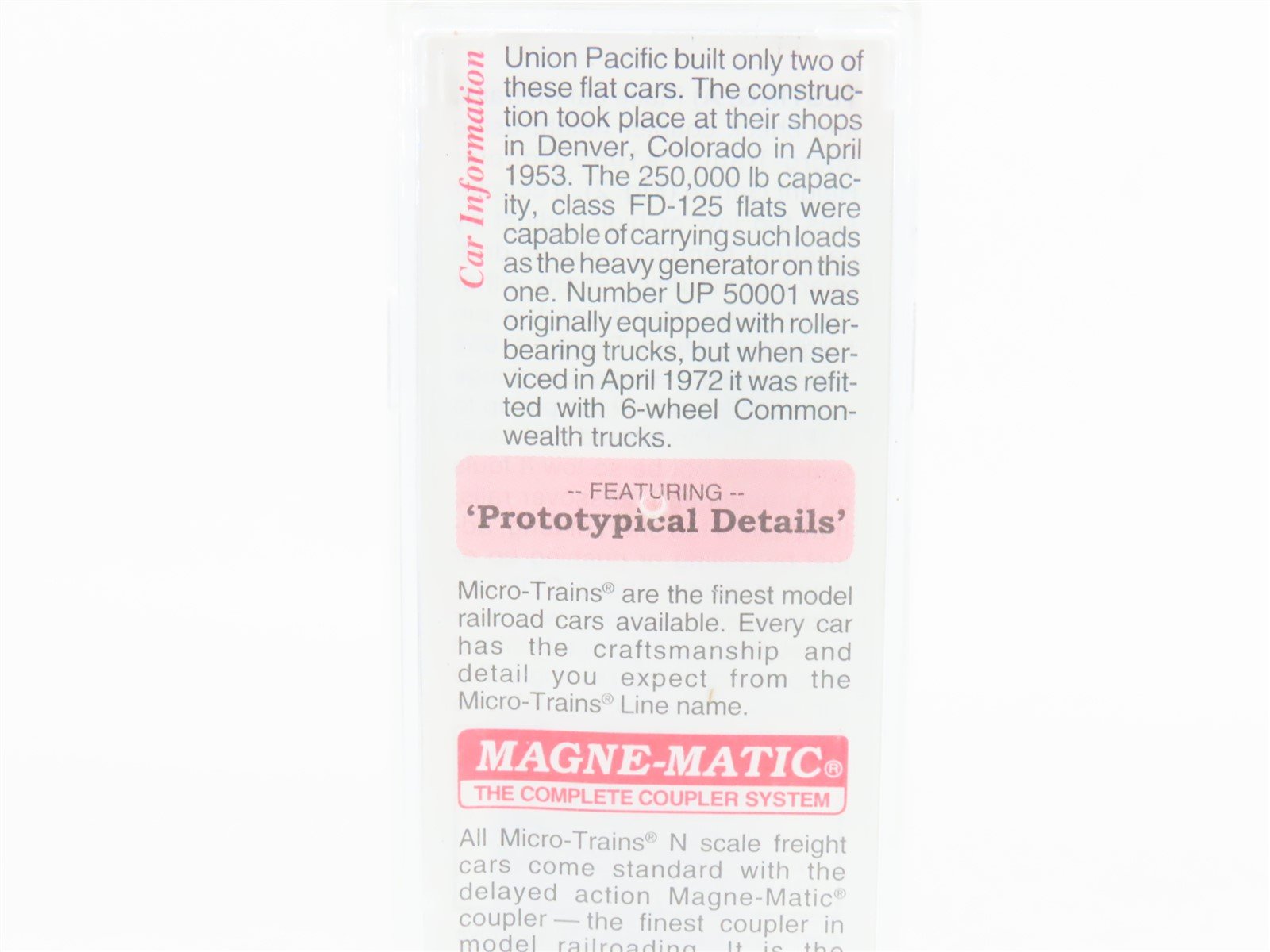 N Scale Micro-Trains MTL 109220 UP Union Pacific Depressed Flatcar #50001 w/Load