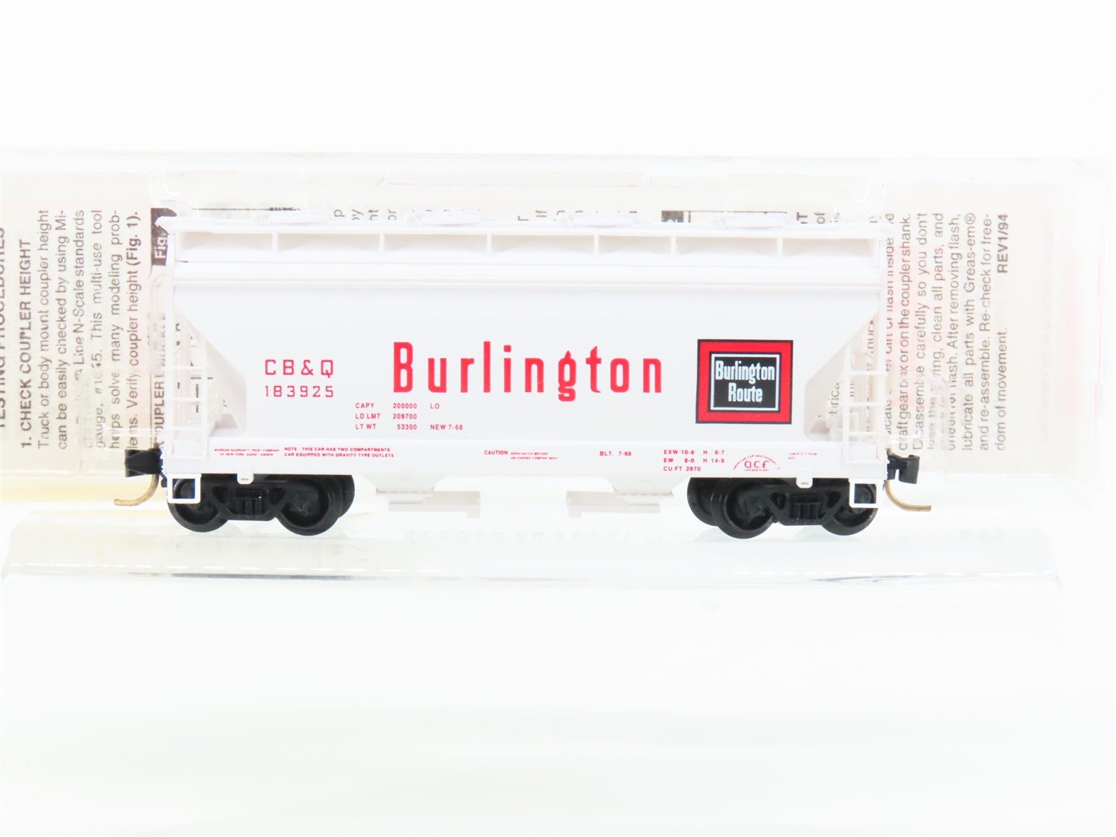 N Micro-Trains MTL 92070 CB&Q Burlington Route ACF 2-Bay Covered Hopper #183925