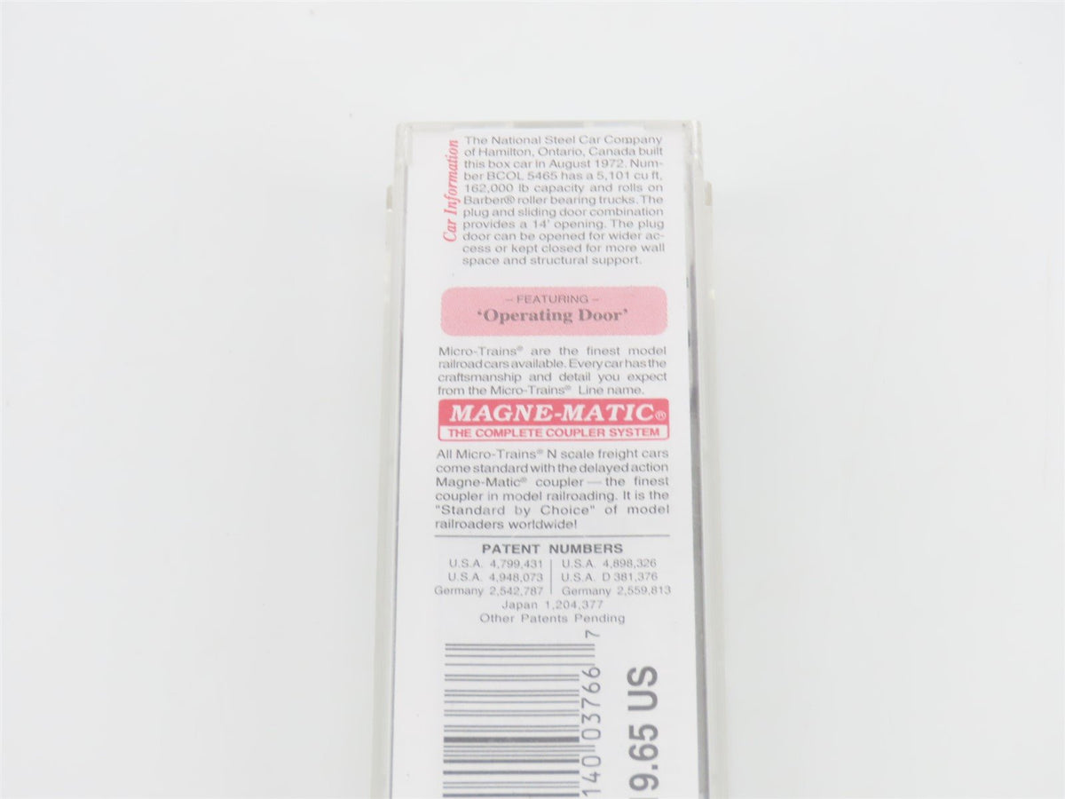 N Scale Micro-Trains MTL 76050 BCOL British Columbia Railway 50&#39; Box Car #5465