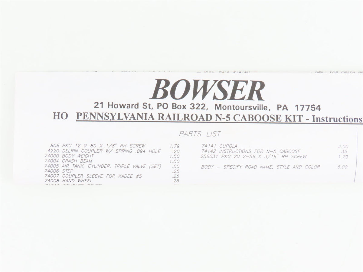 HO Scale Bowser Kit #55003 PRR Pennsylvania Buckeye Region Caboose #477188