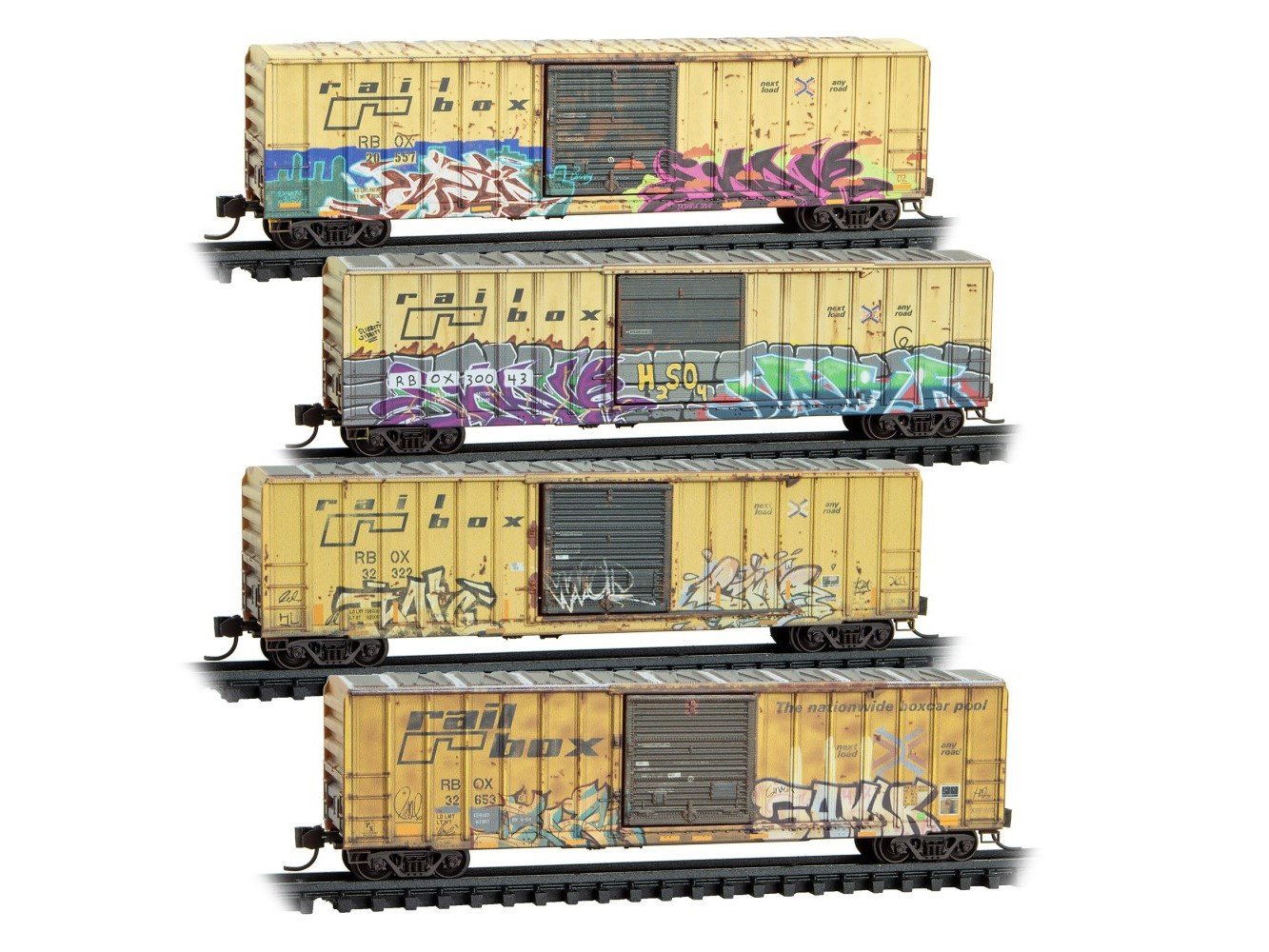 N Micro-Trains MTL 98305099 RBOX Railbox 50' Box Cars 4-Pack w/ Graffiti