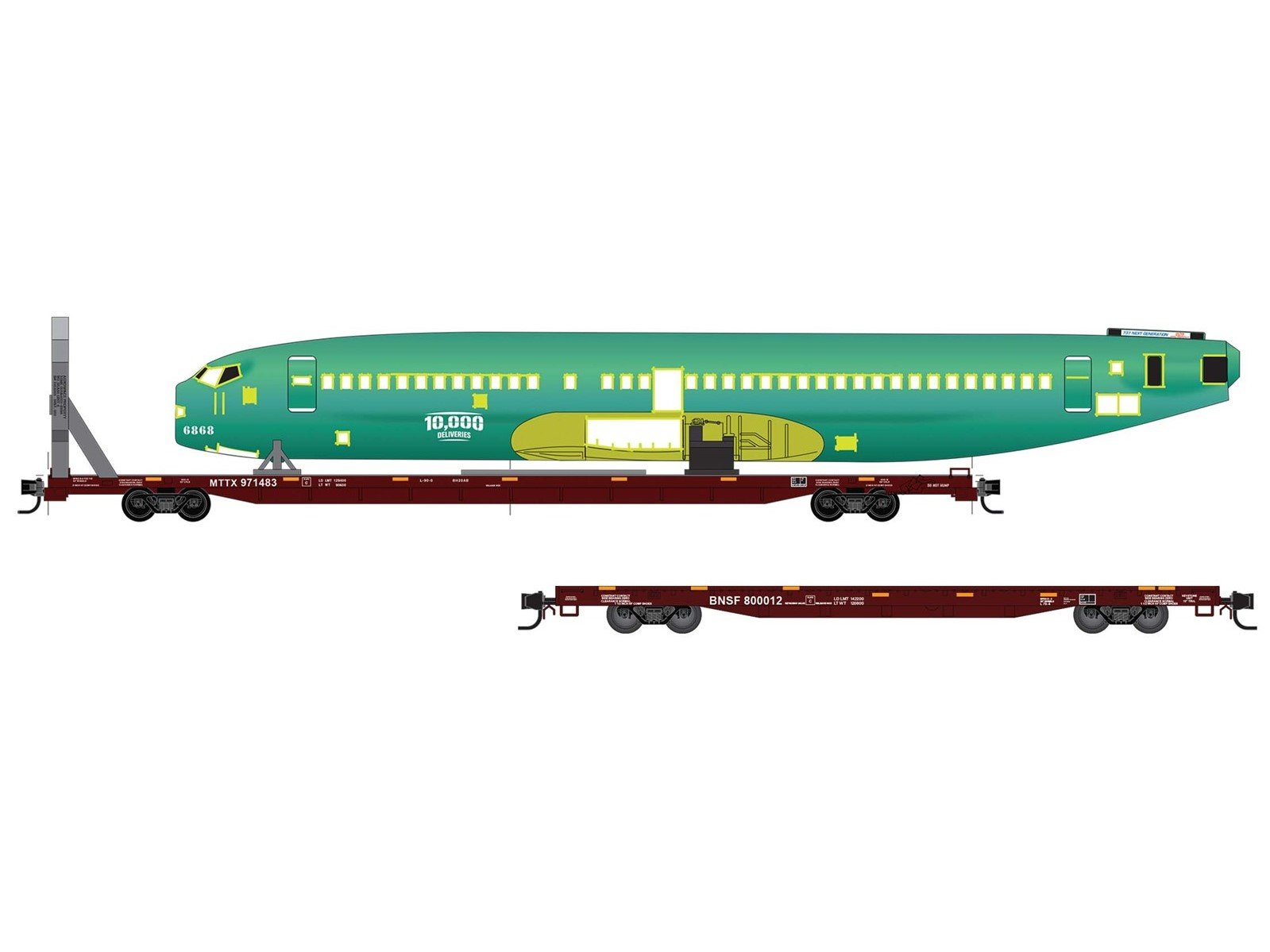 N Micro-Trains MTL 98302276 MTTX/BNSF Flatcars 2-Pack w/ 10,000th Fuselage