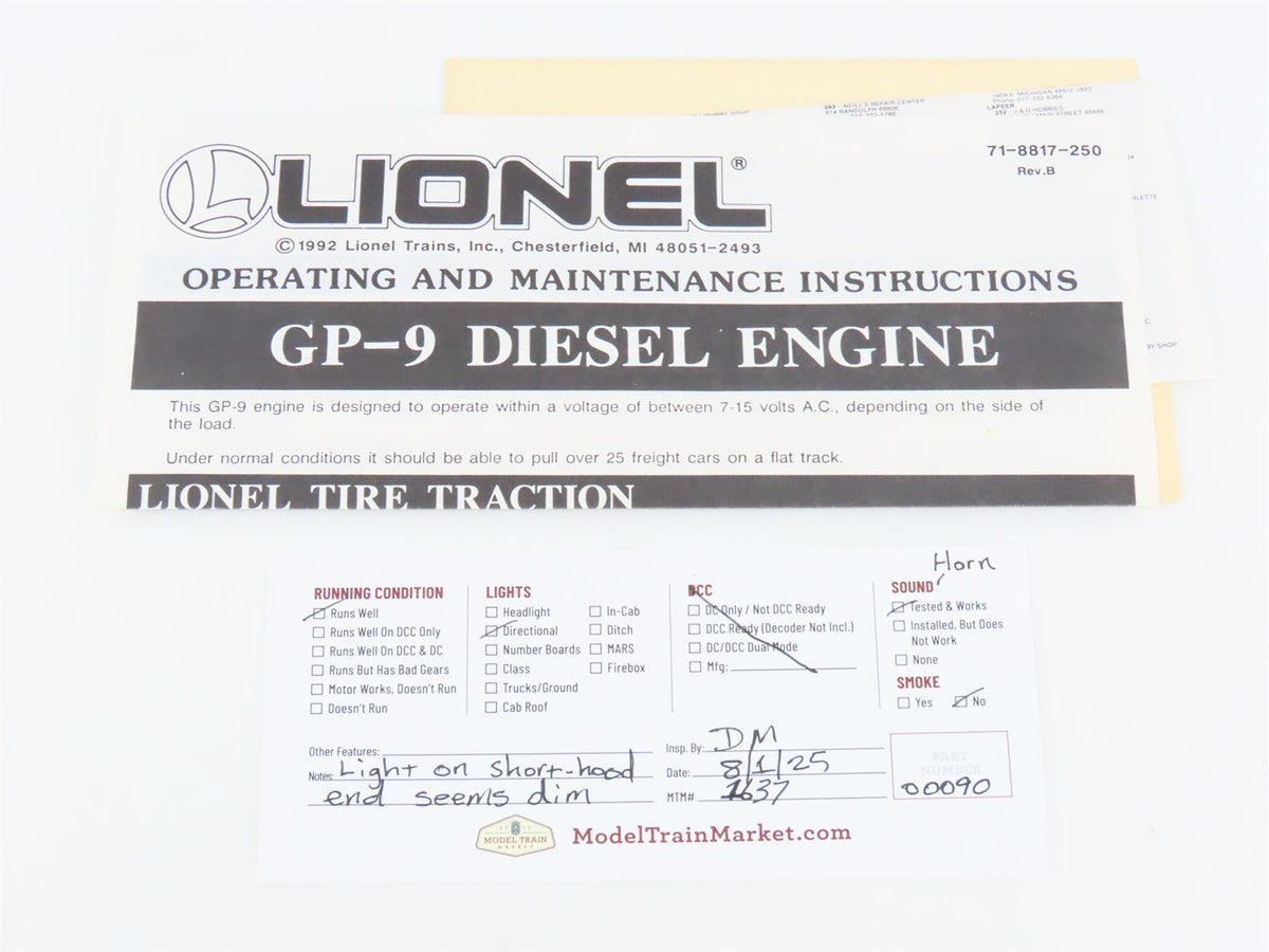 O Gauge 3-Rail Lionel 6-18820 WP Western Pacific EMD GP9 Diesel #8820