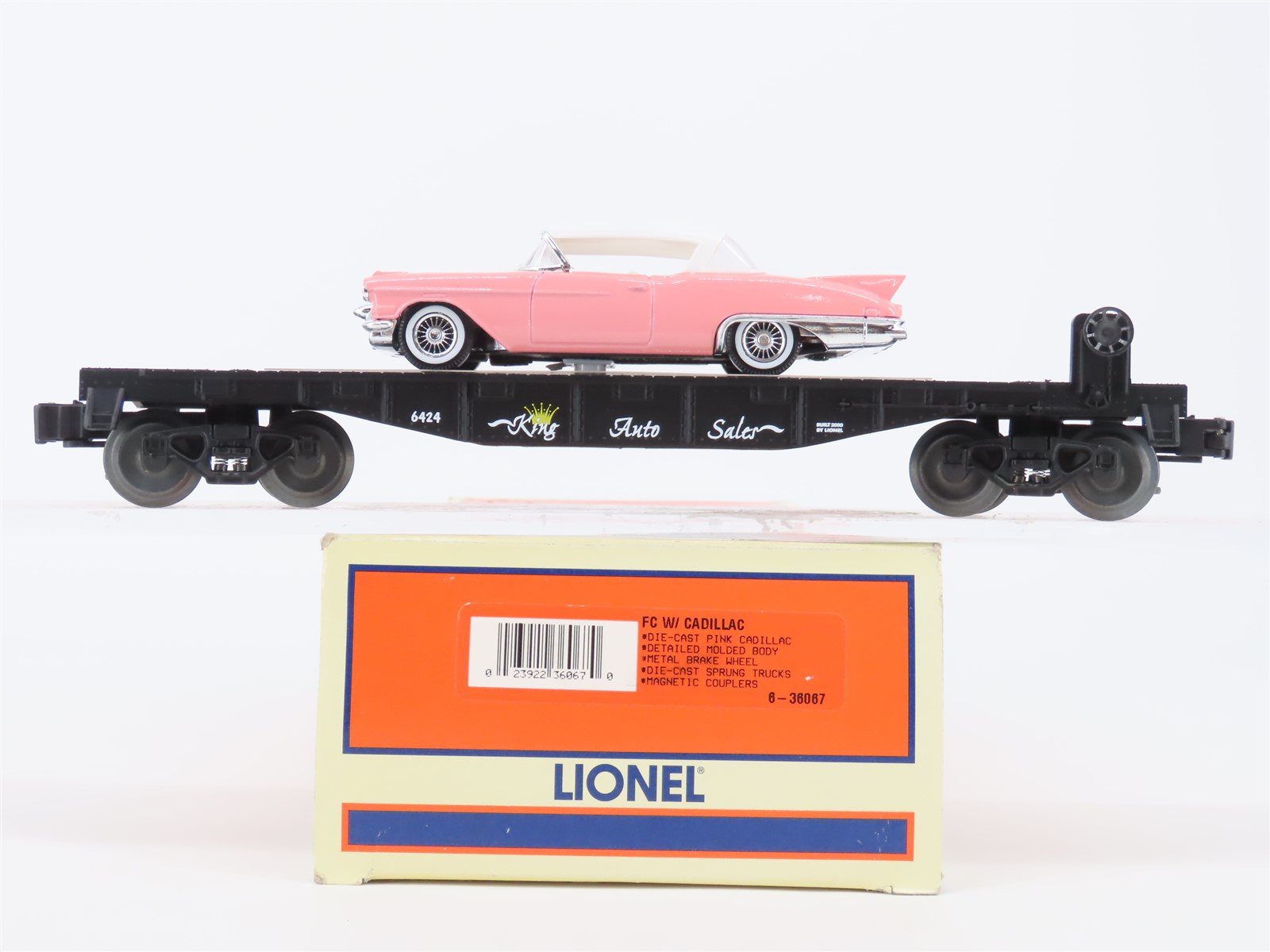 O Gauge 3-Rail Lionel 6-36067 King Auto Sales Flat Car #6424 w/ Cadillac
