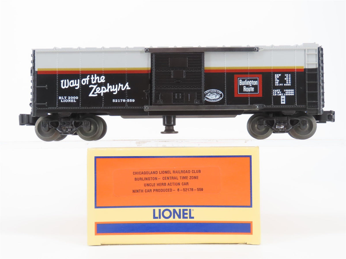 O Gauge 3-Rail Lionel 5-52178-559 LRRC CB&amp;Q Uncle Herb Action Box Car #52178-559