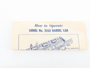O Gauge 3-Rail Lionel 3562 AT&SF Santa Fe Operating Barrel Car 356250