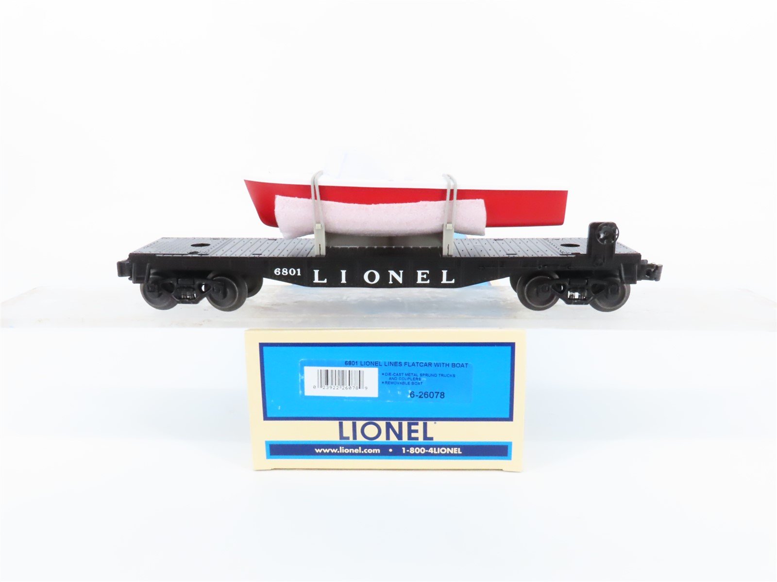 O Gauge 3-Rail Lionel 6-26078 Lionel Lines Flat Car w/Boat #6801