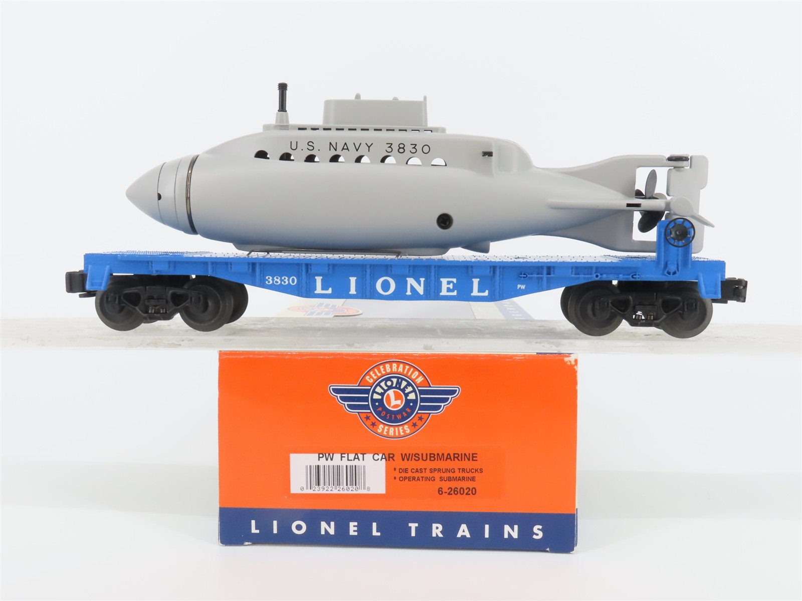 O Gauge 3-Rail Lionel Postwar 6-26020 Lionel Flatcar #3830 w/Submarine